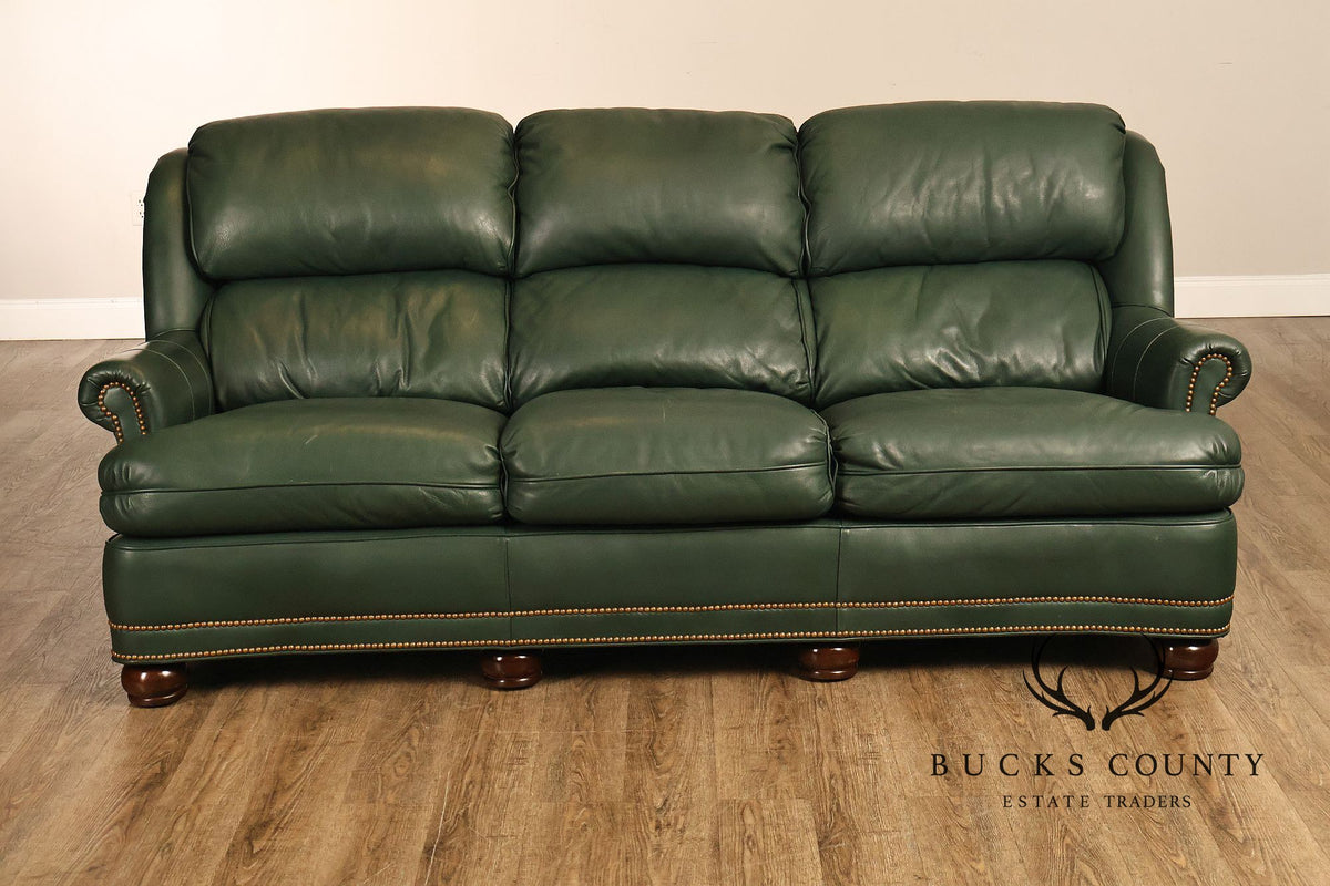 Hancock & Moore Green Leather Nailhead Trim Sofa
