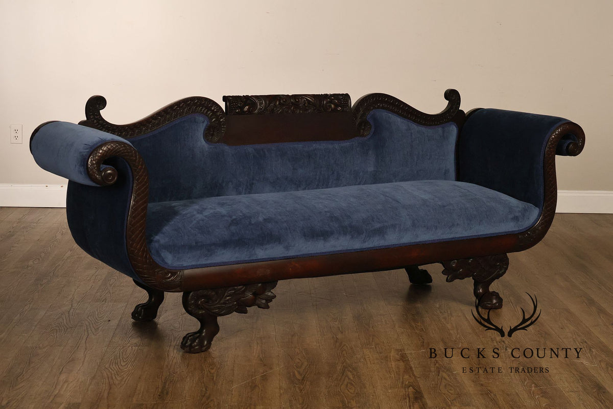 Antique American Empire Mahogany Carved Swan Arm Sofa With Blue Upholstery