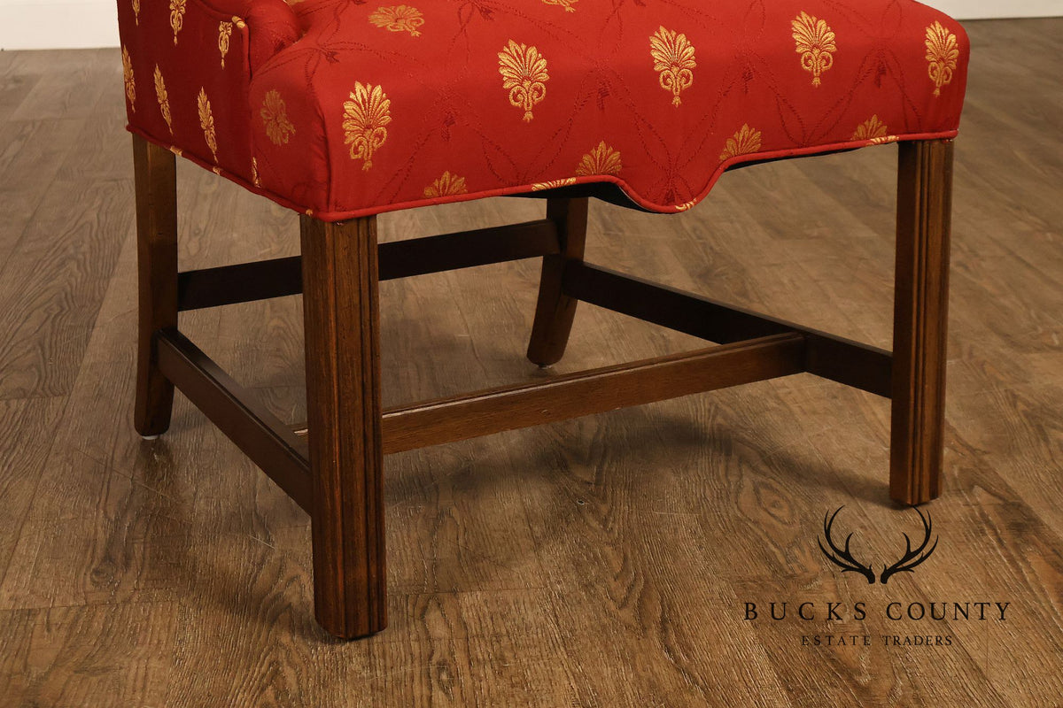 Pair Of Red And Gold Upholstered Wingback Accent Chairs With H-Stretcher Bases