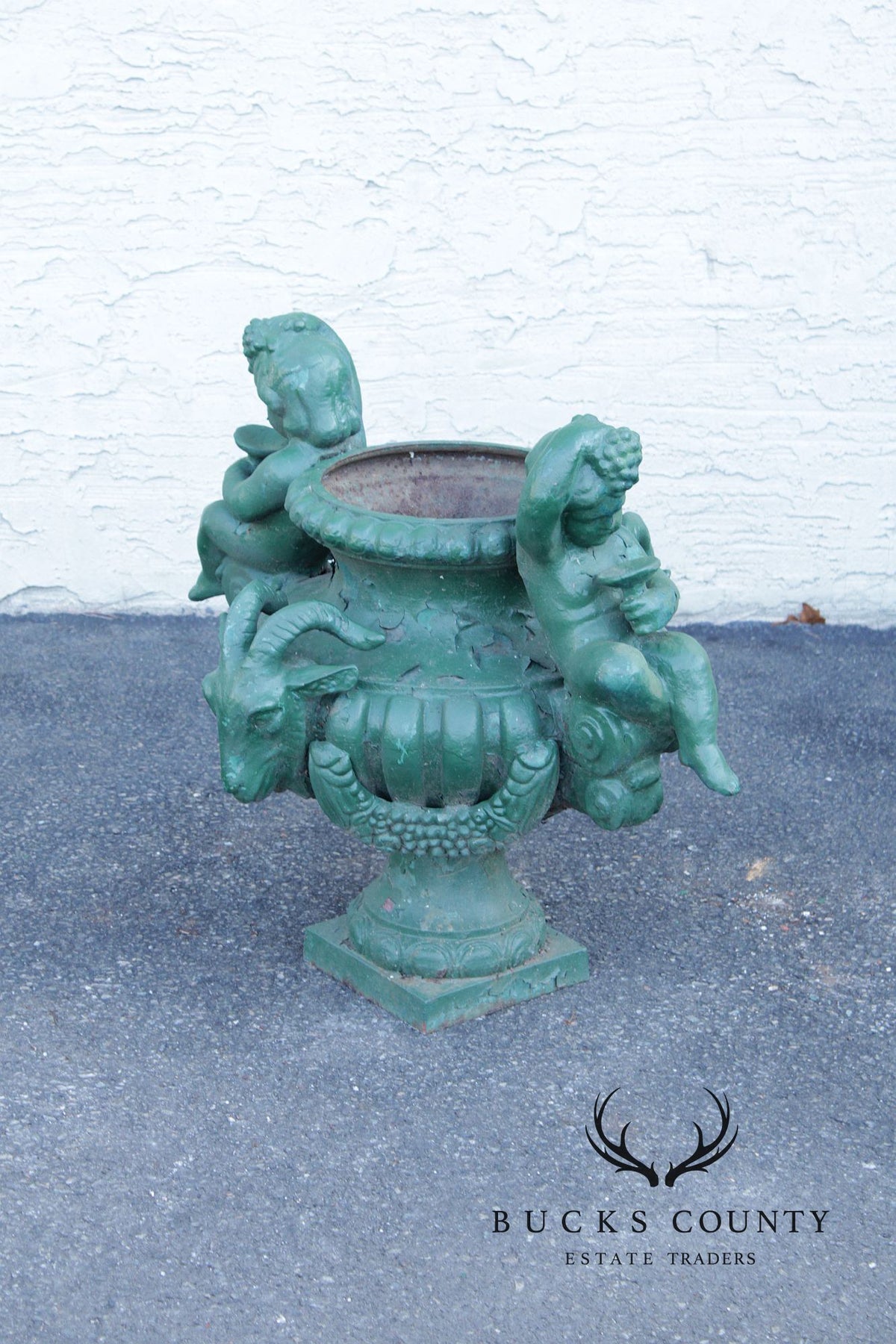 Antique Cast Iron Pair Of Cherub Garden Urn Planters