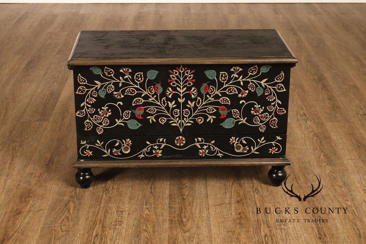 Hand Painted Black Floral Decorated Blanket Chest With Drawer
