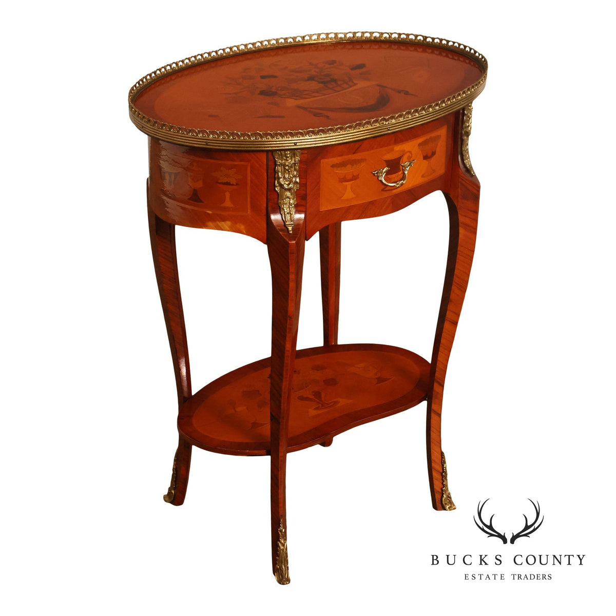 French Louis XVI Style Inlaid Oval Accent Table With Ormolu Mounts