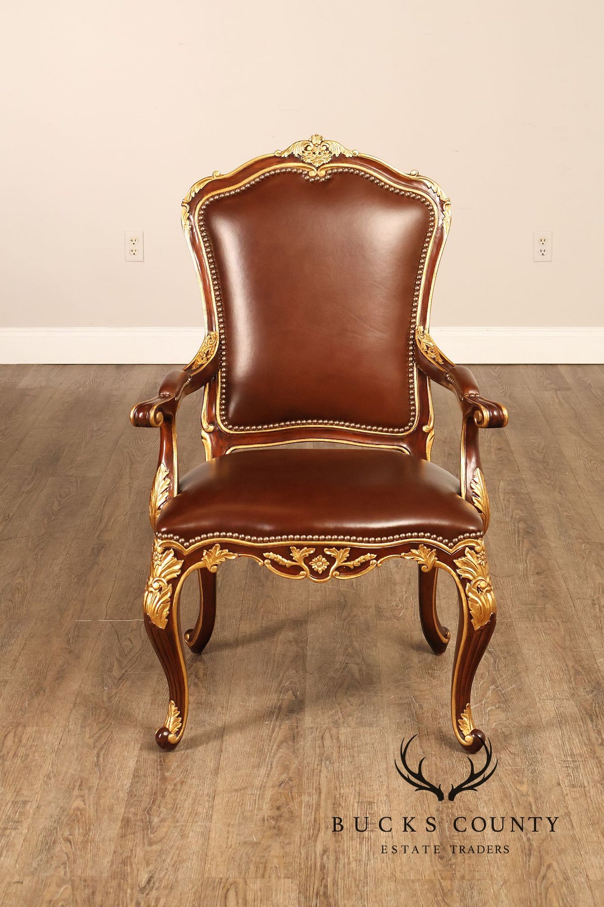 Scarborough House Pair Of French Rococo Style Gilt Mahogany Leather Upholstered Armchairs