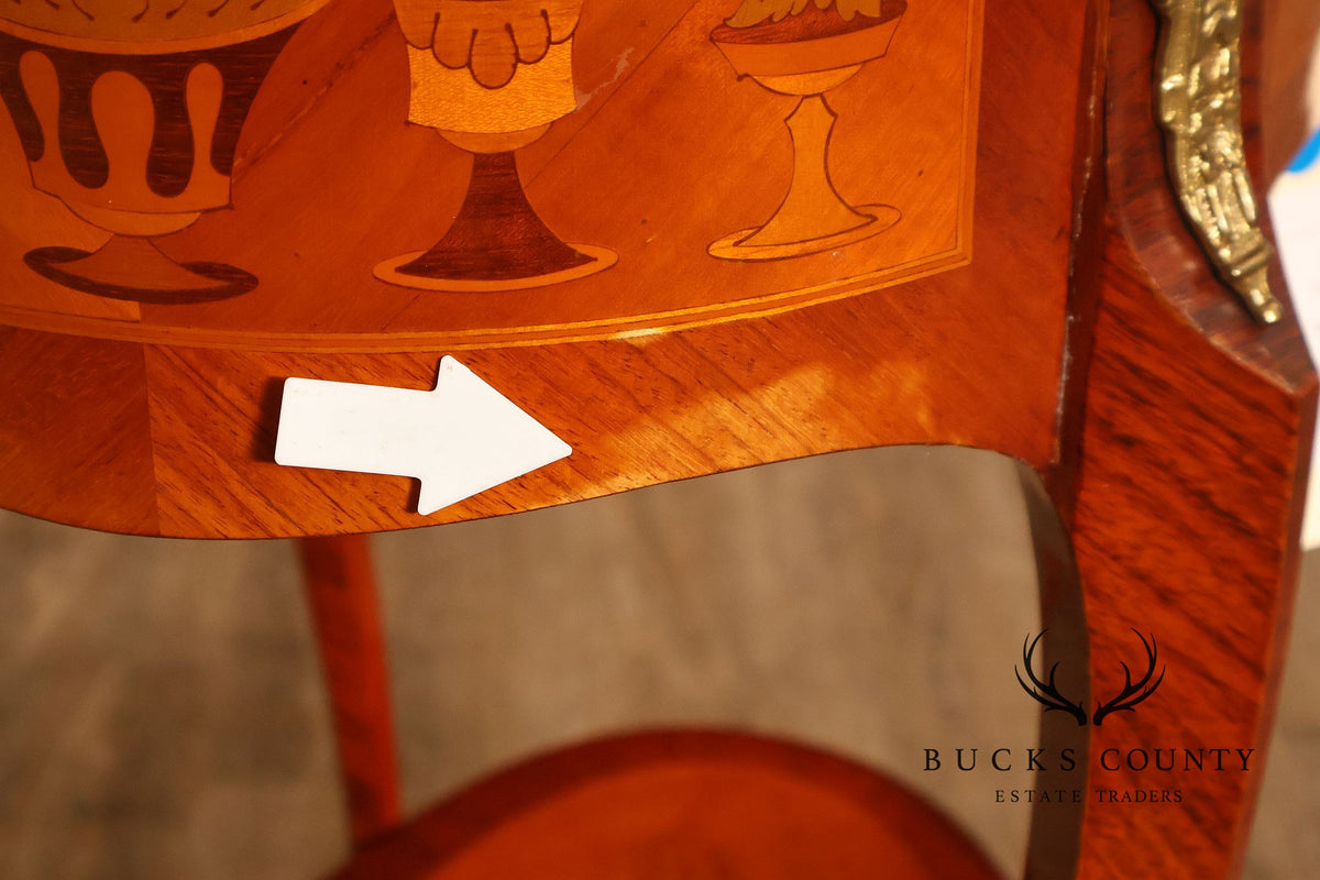French Louis XVI Style Inlaid Oval Accent Table With Ormolu Mounts