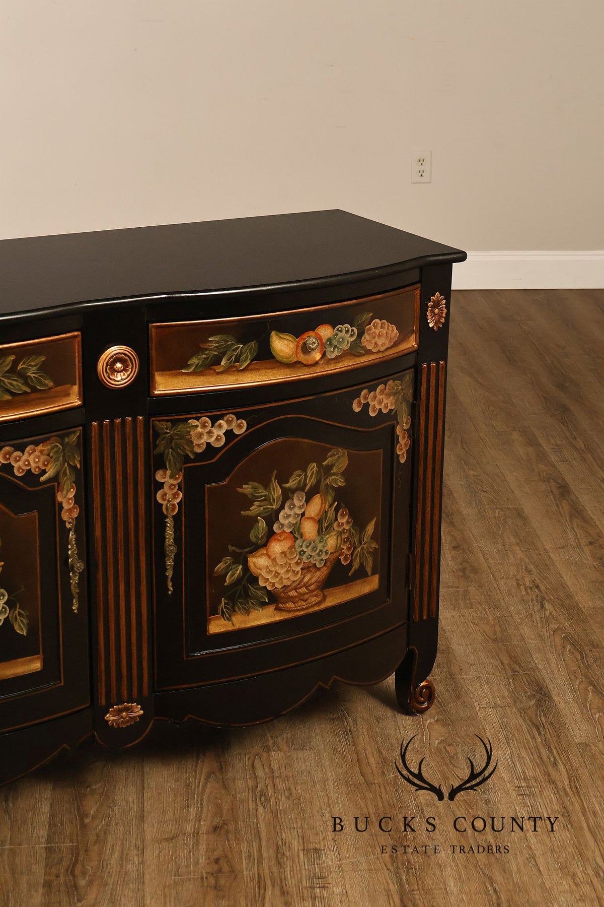 French Provincial Style Black Lacquer Hand-Painted Fruit Basket Sideboard