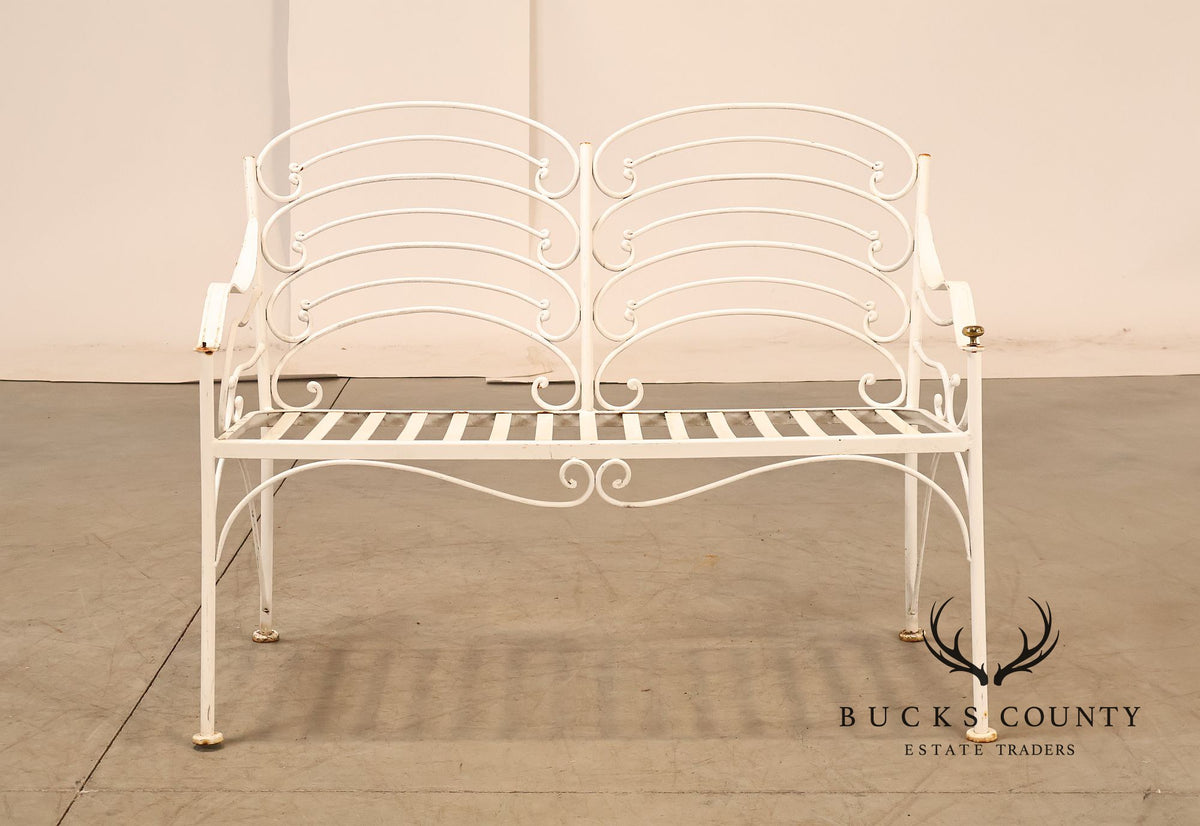 Woodard Vintage White Painted Wrought Iron Garden Bench With Scrollwork Back