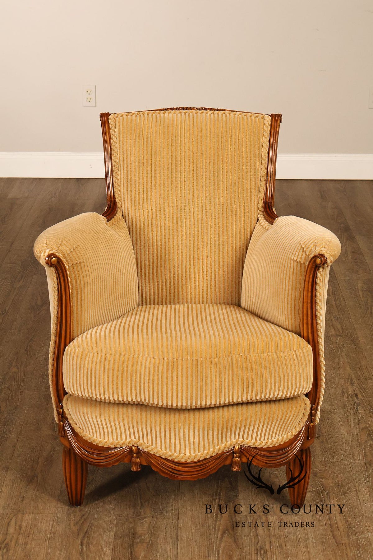Medea Furniture Pair of Louis XVI Style Carved Bergere Armchairs With Gold Striped Velvet Upholstery