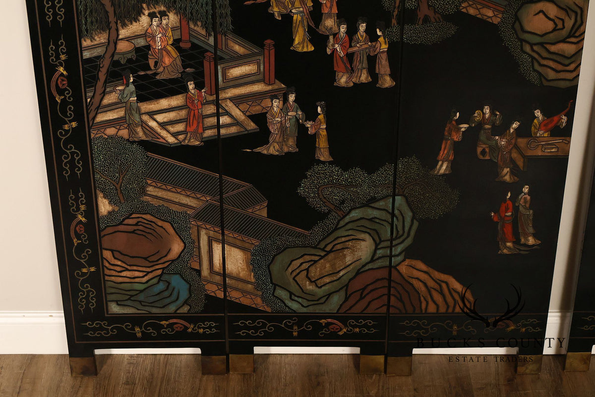 Asian Style Black Vintage Lacquer Six Panel Folding Screen