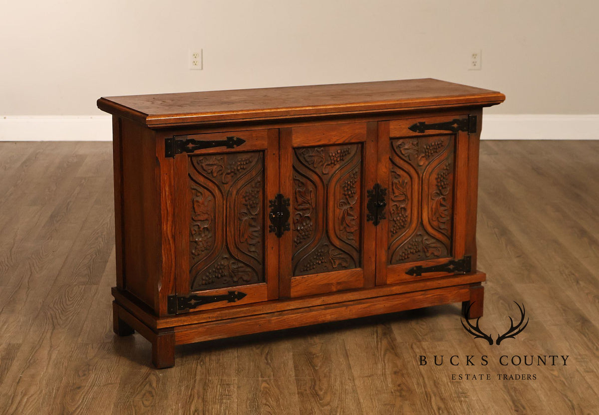 Vintage Spanish Revival Carved Oak Cabinet With Iron Hardware