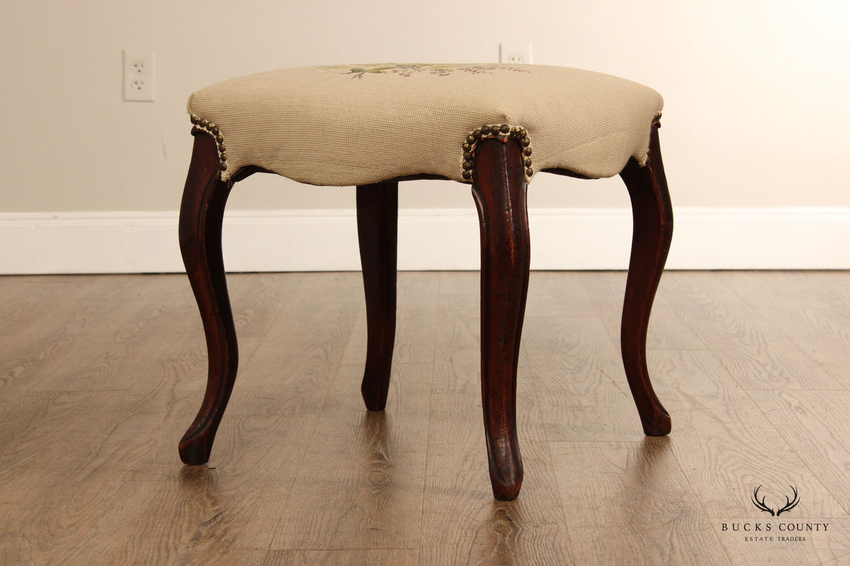 French Louis XV Style Needlepoint Foot Stool Ottoman
