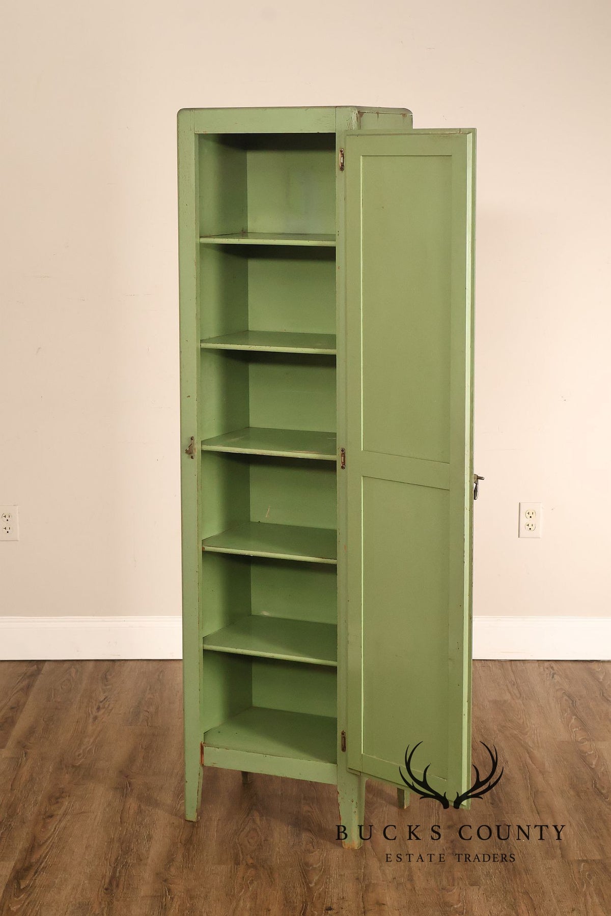 Vintage Painted Green Primitive Tall Storage Chimney Cabinet