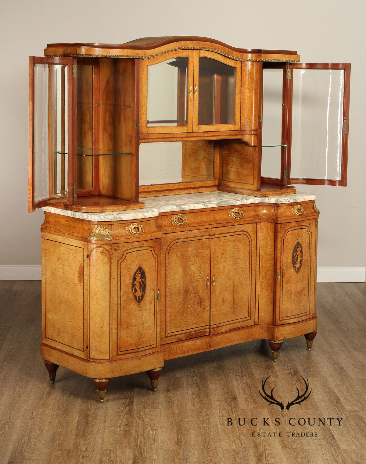 Antique French Louis XVI Style Burl Walnut Marble Top Buffet Hutch