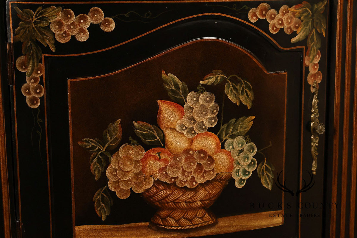 French Provincial Style Black Lacquer Hand-Painted Fruit Basket Sideboard