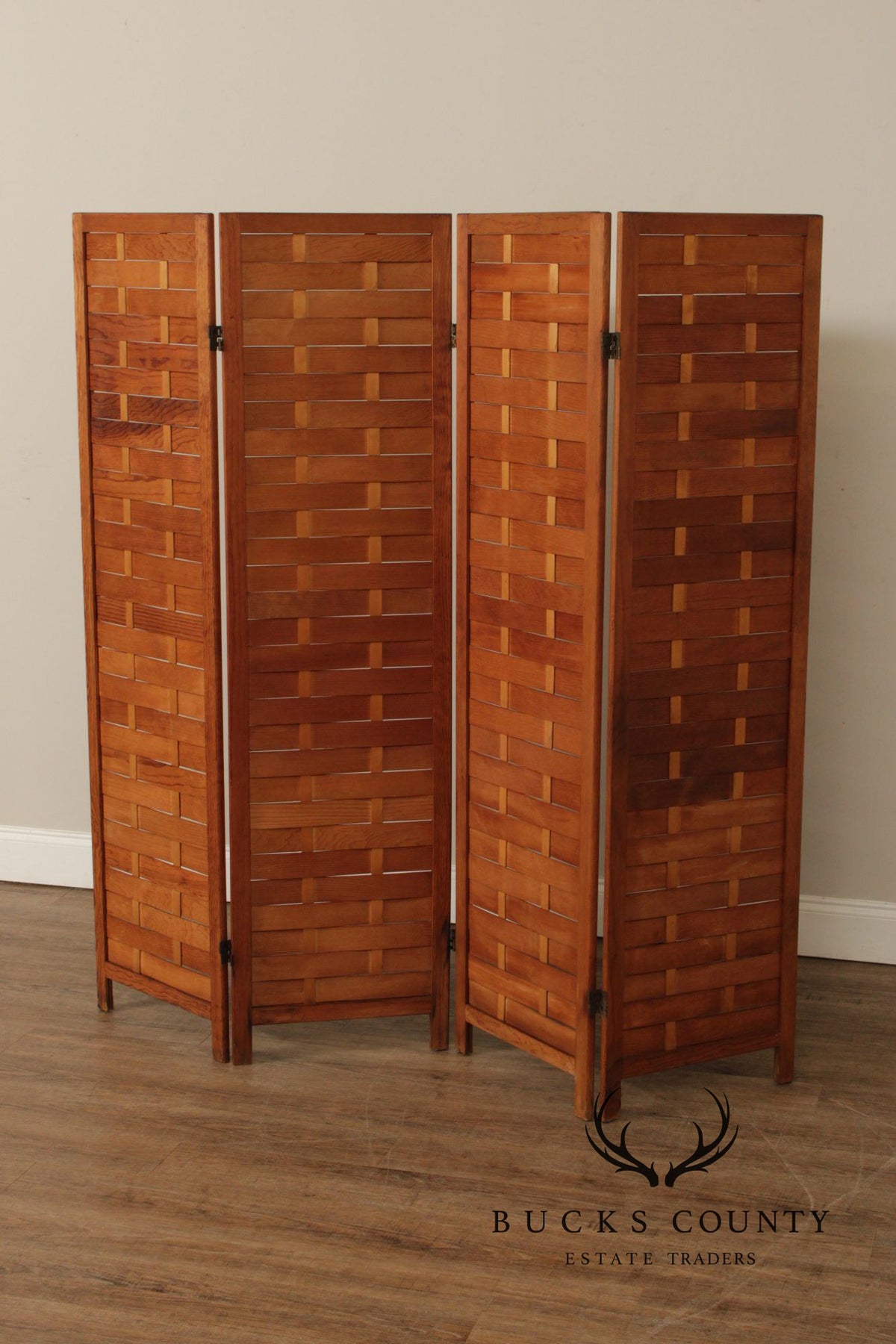 Mid Century Modern Woven Wood Four-Panel Screen