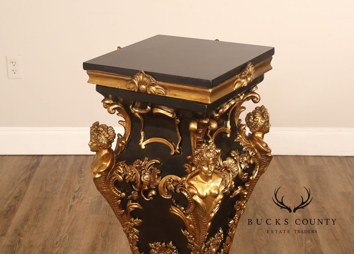Italian Renaissance Style Pair of Slate Top Figural Carved Pedestals