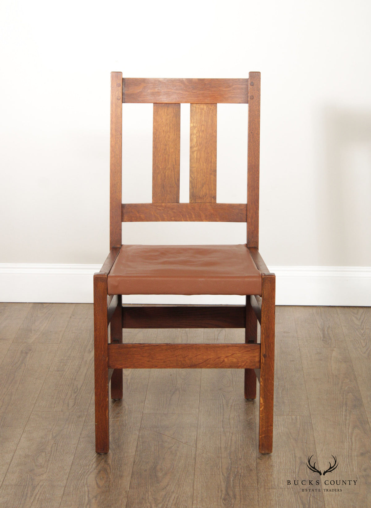L. & J.G. Stickley Antique Mission Oak Pair of Leather Seat Side Chairs