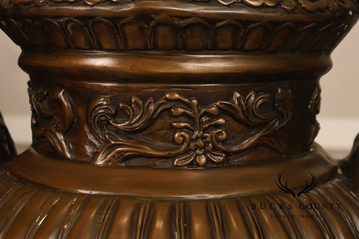 Neoclassical Style Large Pair Of Cast Bronze Covered Urns With Figural Relief