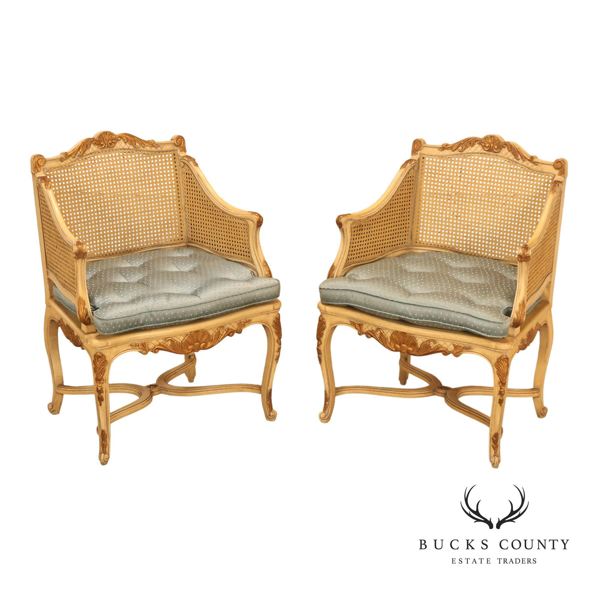 French Regency Pair of Caned Bergere Armchairs