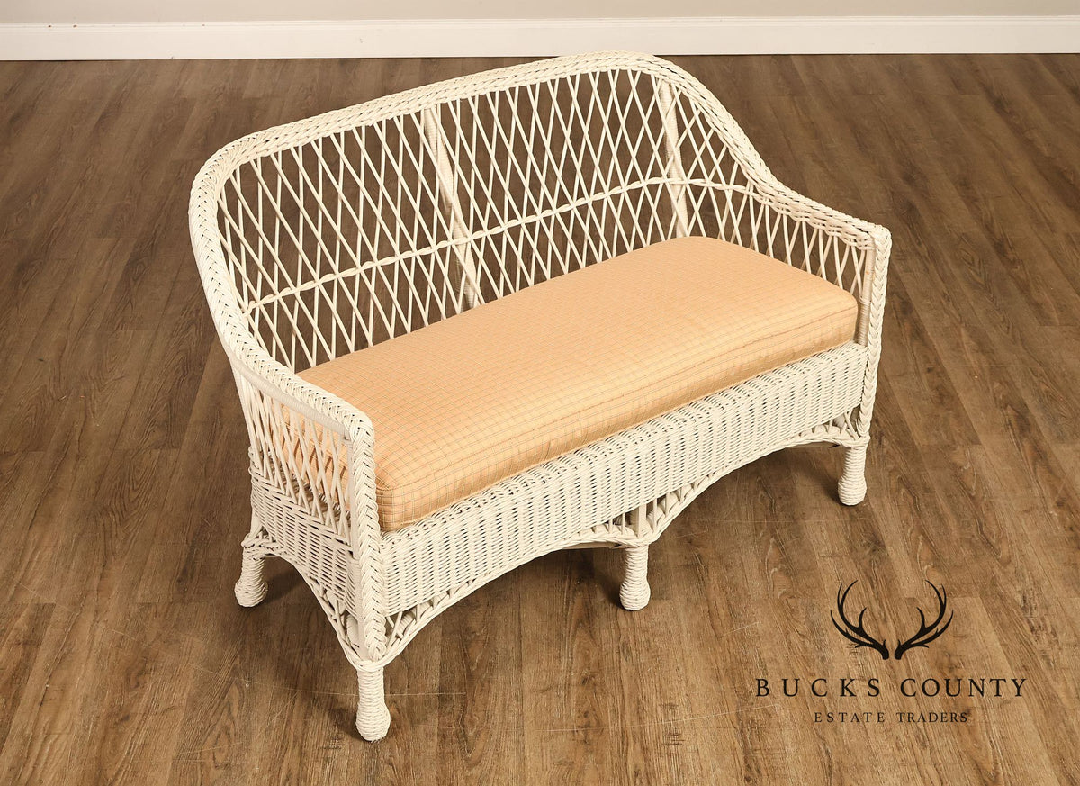 Vintage White Wicker Loveseat With Upholstered Seat Cushion