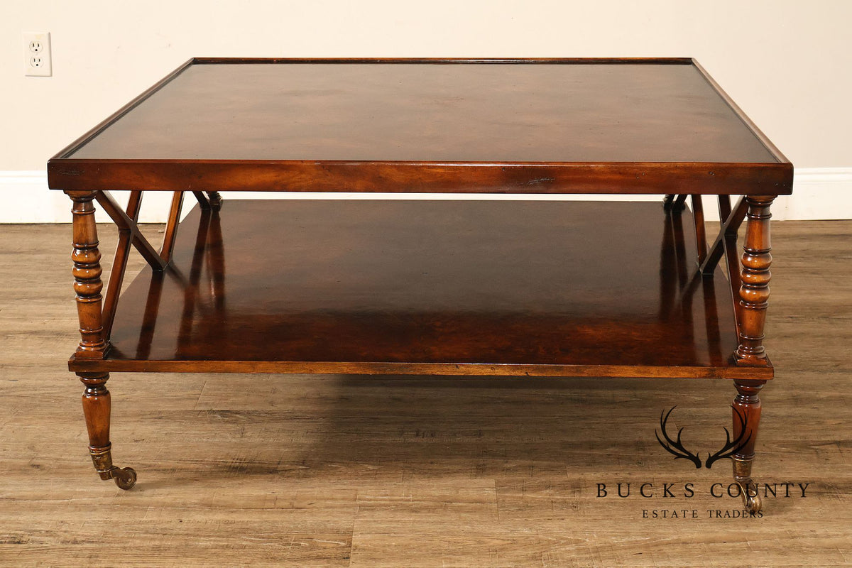 Regency Style Burl Wood Two-Tier Square Coffee Table On Brass Casters
