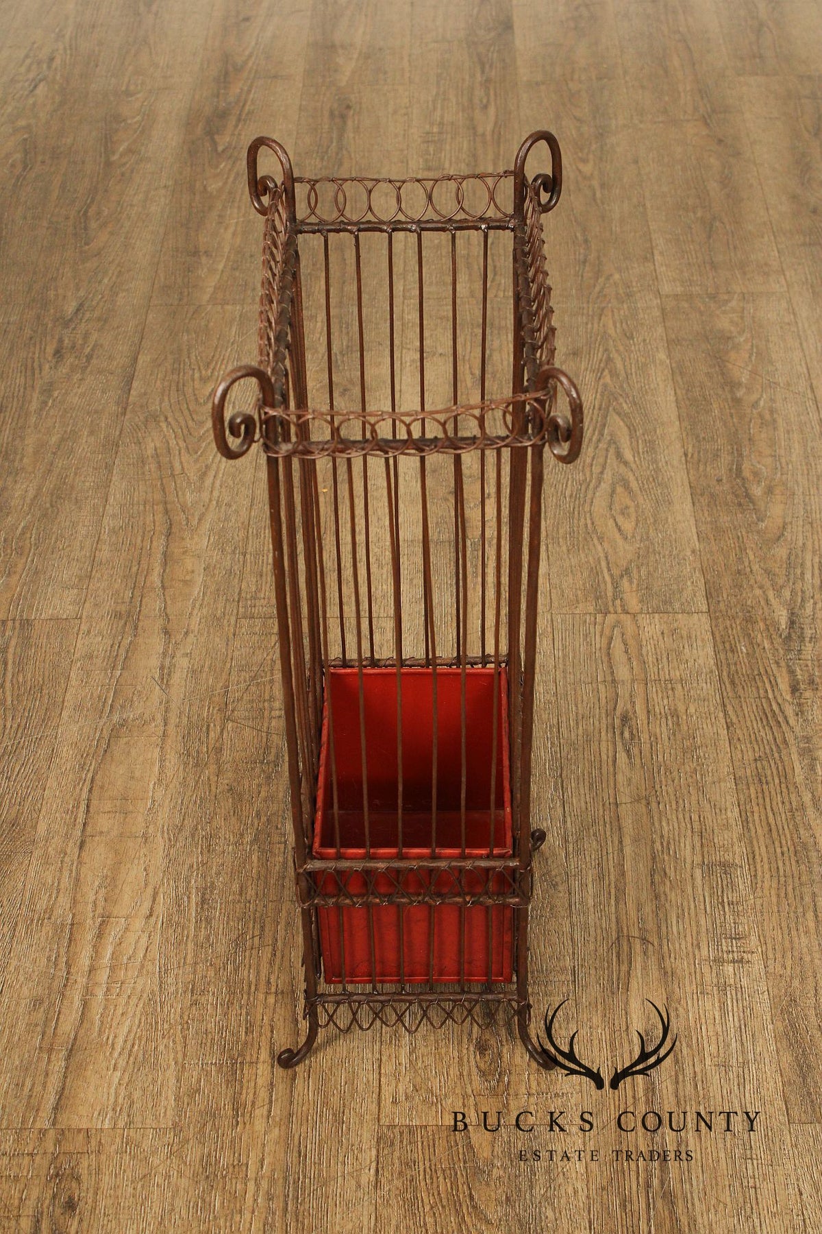 Vintage Wrought Iron Umbrella Stand with Red Liner