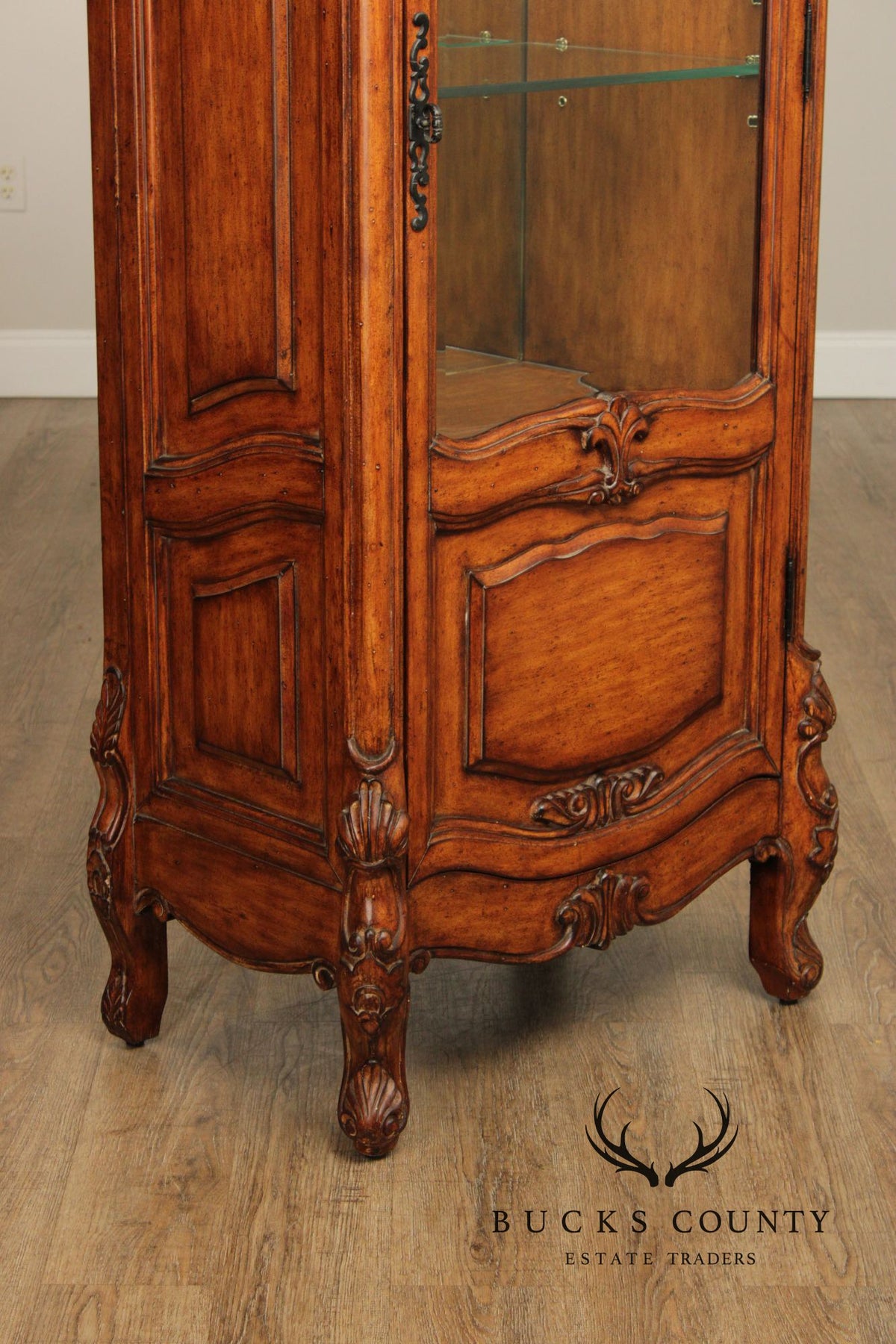 French Provincial Style Carved Wood Lighted Curio Display Cabinet