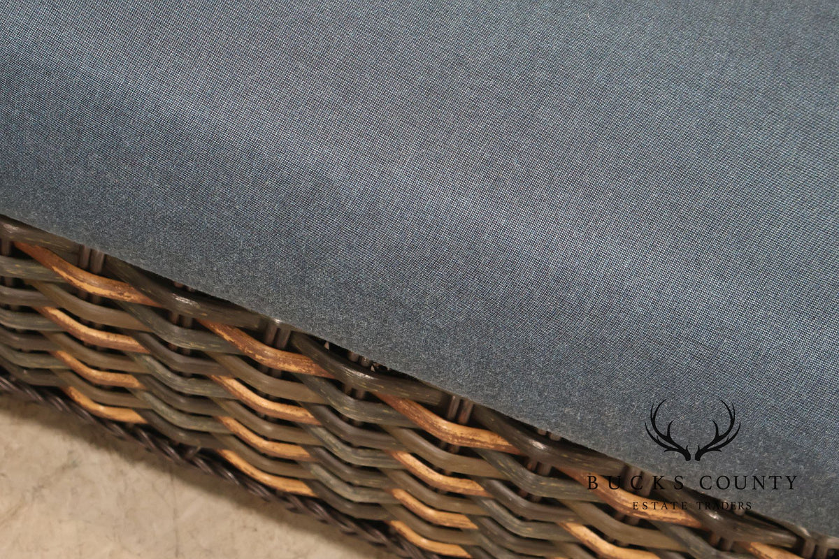 Lane Venture Weather Master Pair Of Woven Wicker Outdoor Ottomans With Blue Cushions