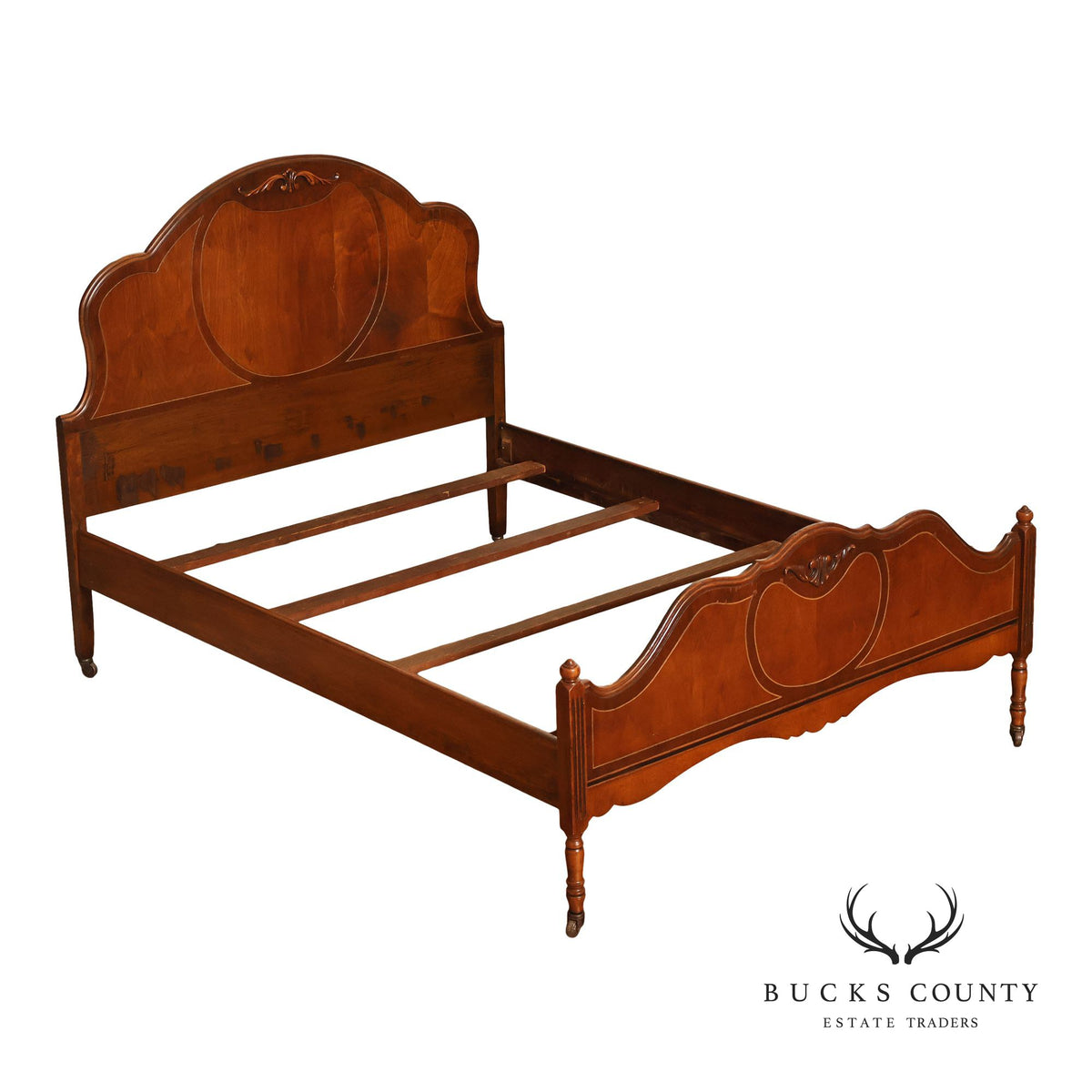 Antique Victorian Walnut Full Size Bedframe With Carved Floral Accents And Decorative Inlay