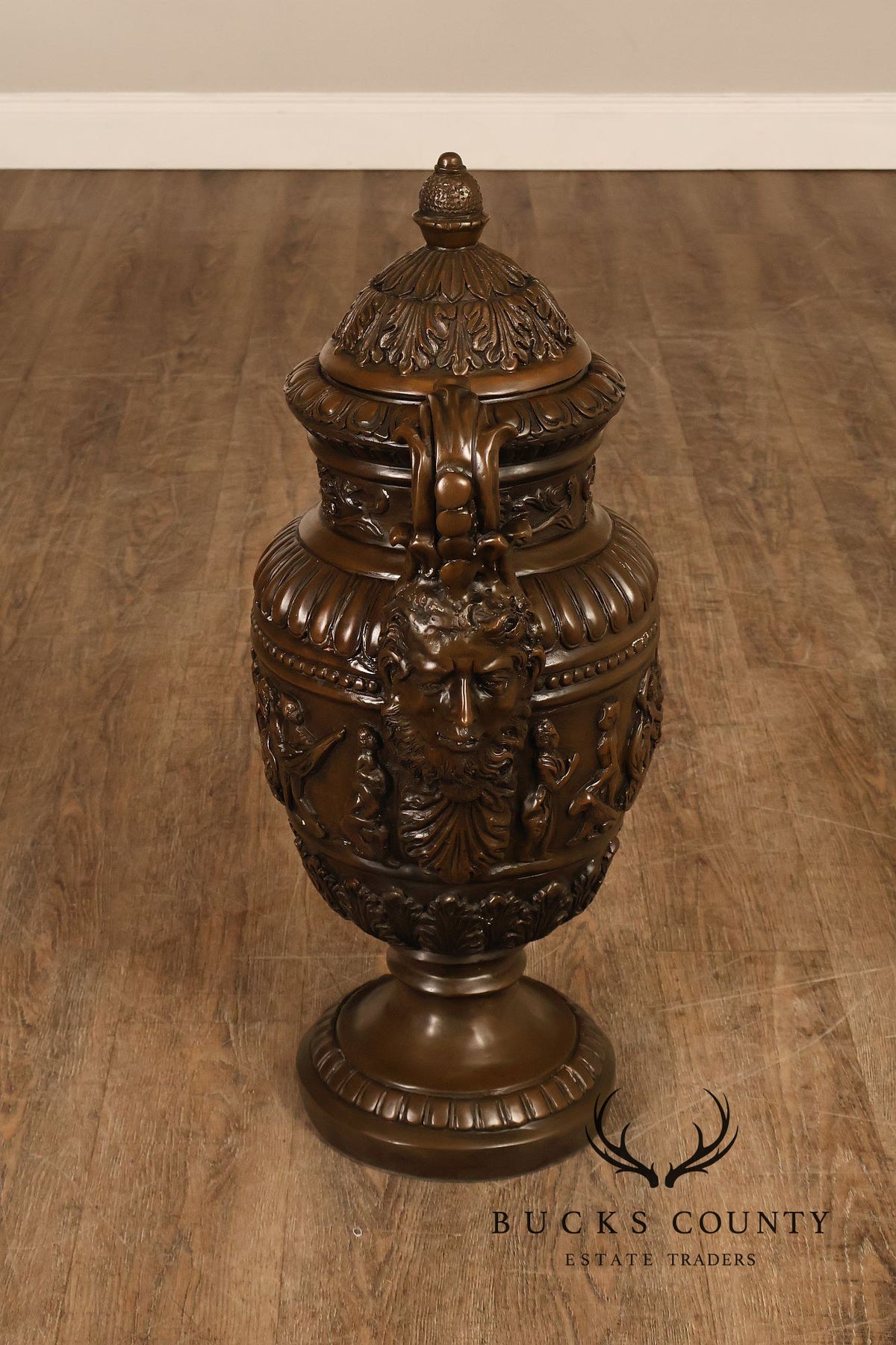 Neoclassical Style Large Pair Of Cast Bronze Covered Urns With Figural Relief