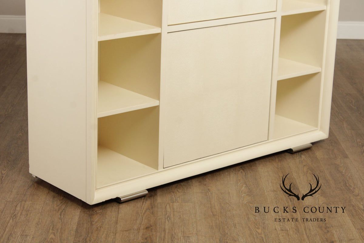 Modern White Lacquer Dry Bar Cabinet With Hidden Mahogany Interior And Rotating Shelves