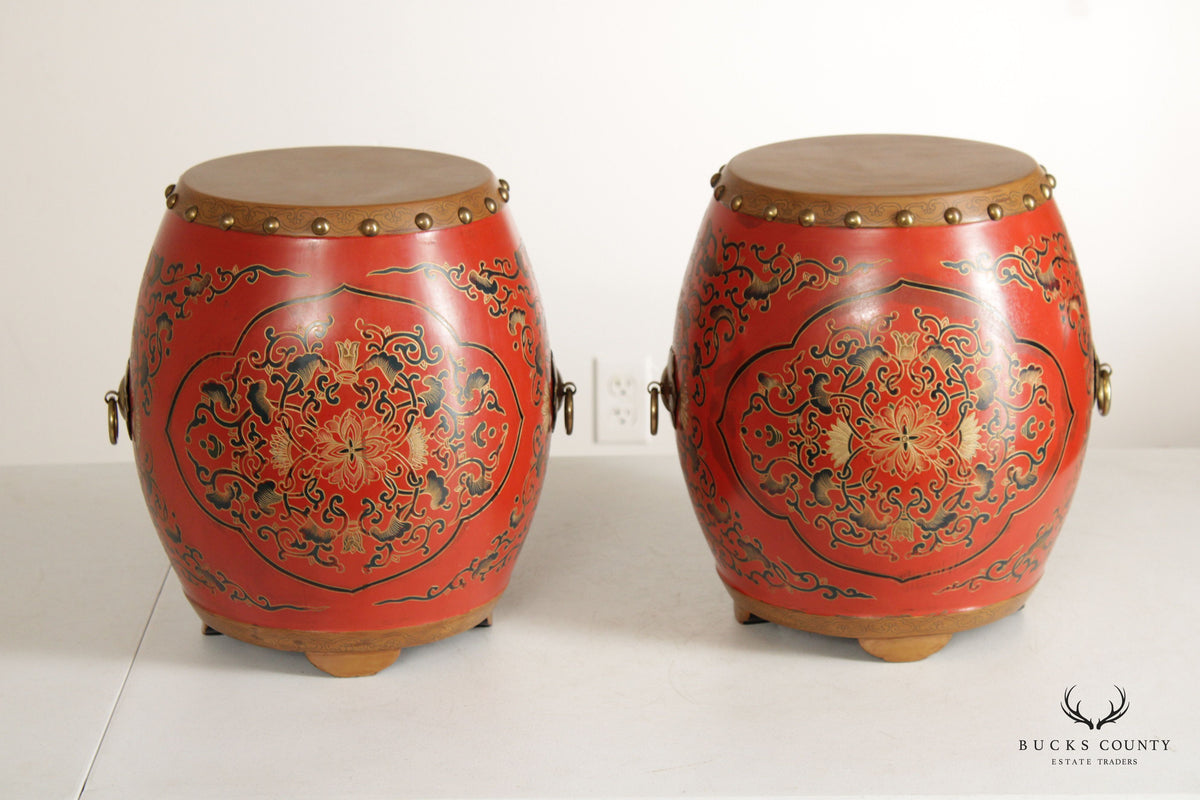 Asian Inspired Style Pair of Hand Painted Wooden Drum Stools
