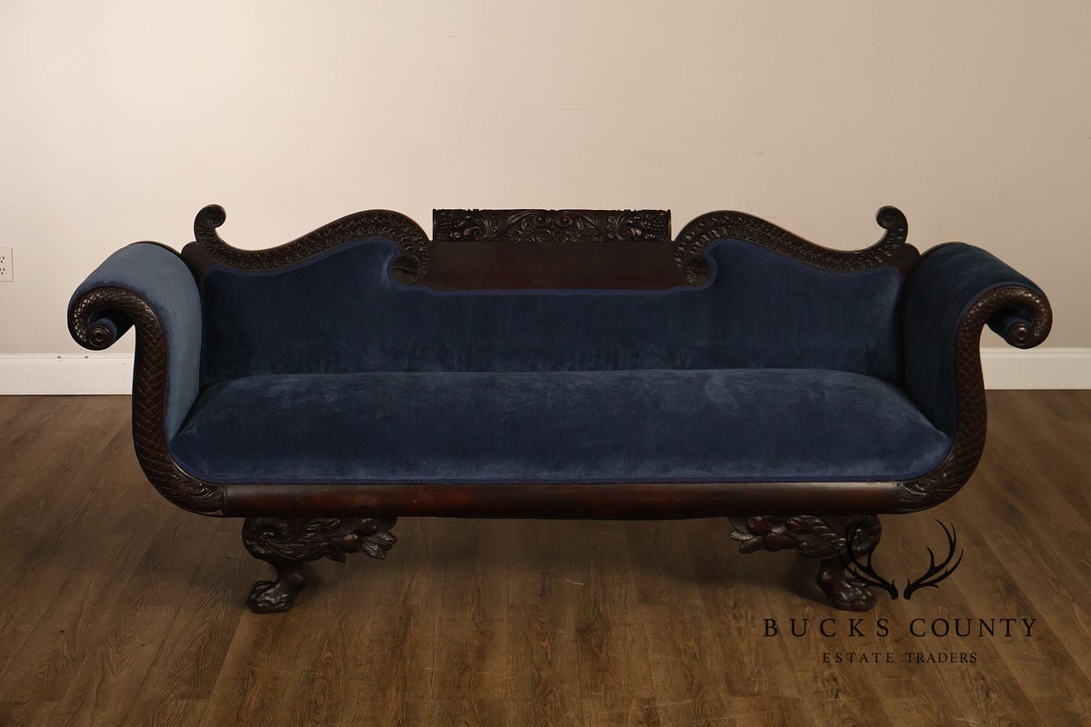 Antique American Empire Mahogany Carved Swan Arm Sofa With Blue Upholstery