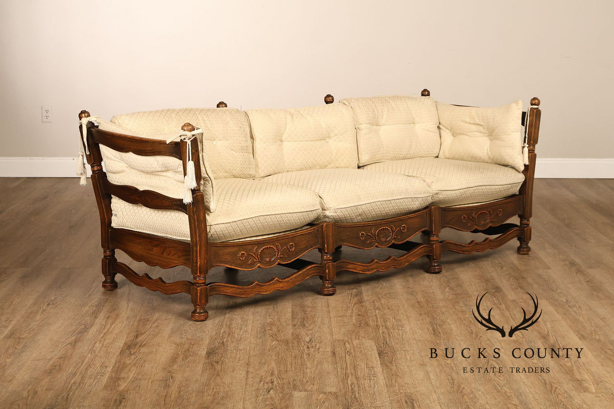 French Country Style Carved Oak Frame Three Seat Sofa