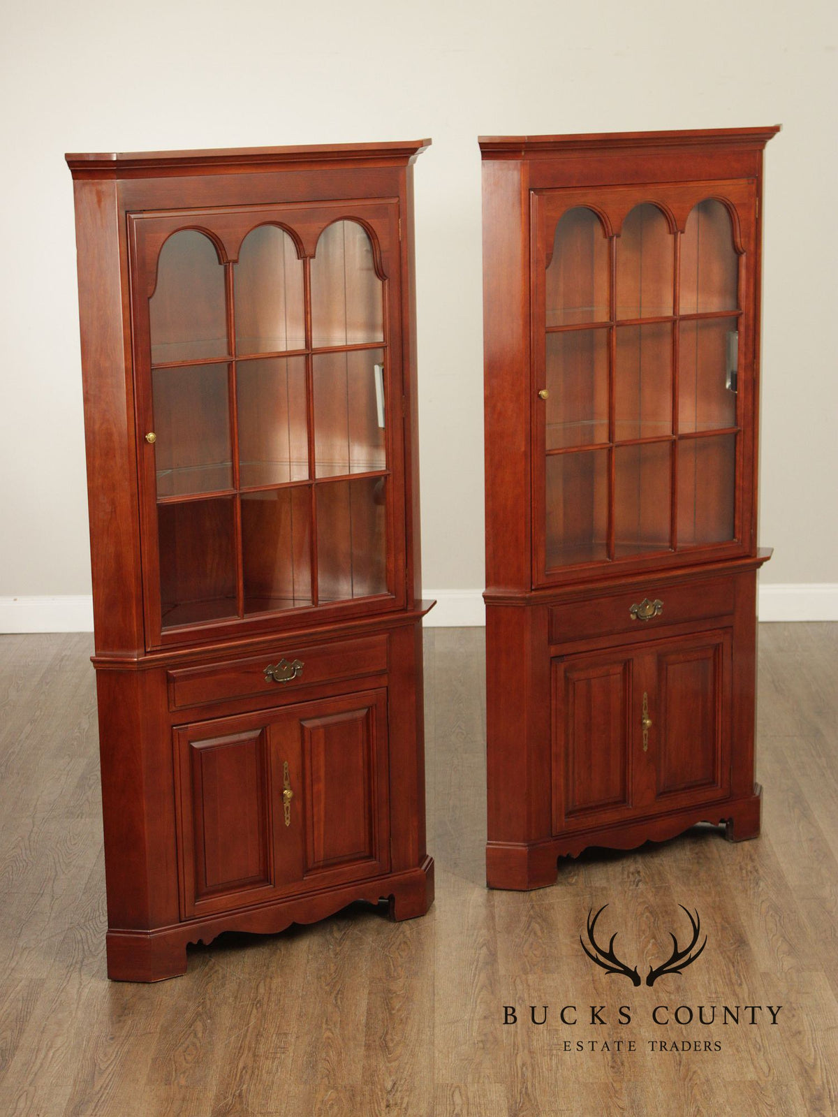 J.B. Van Sciver Traditional Pair Of Cherry Lighted Corner Cabinets