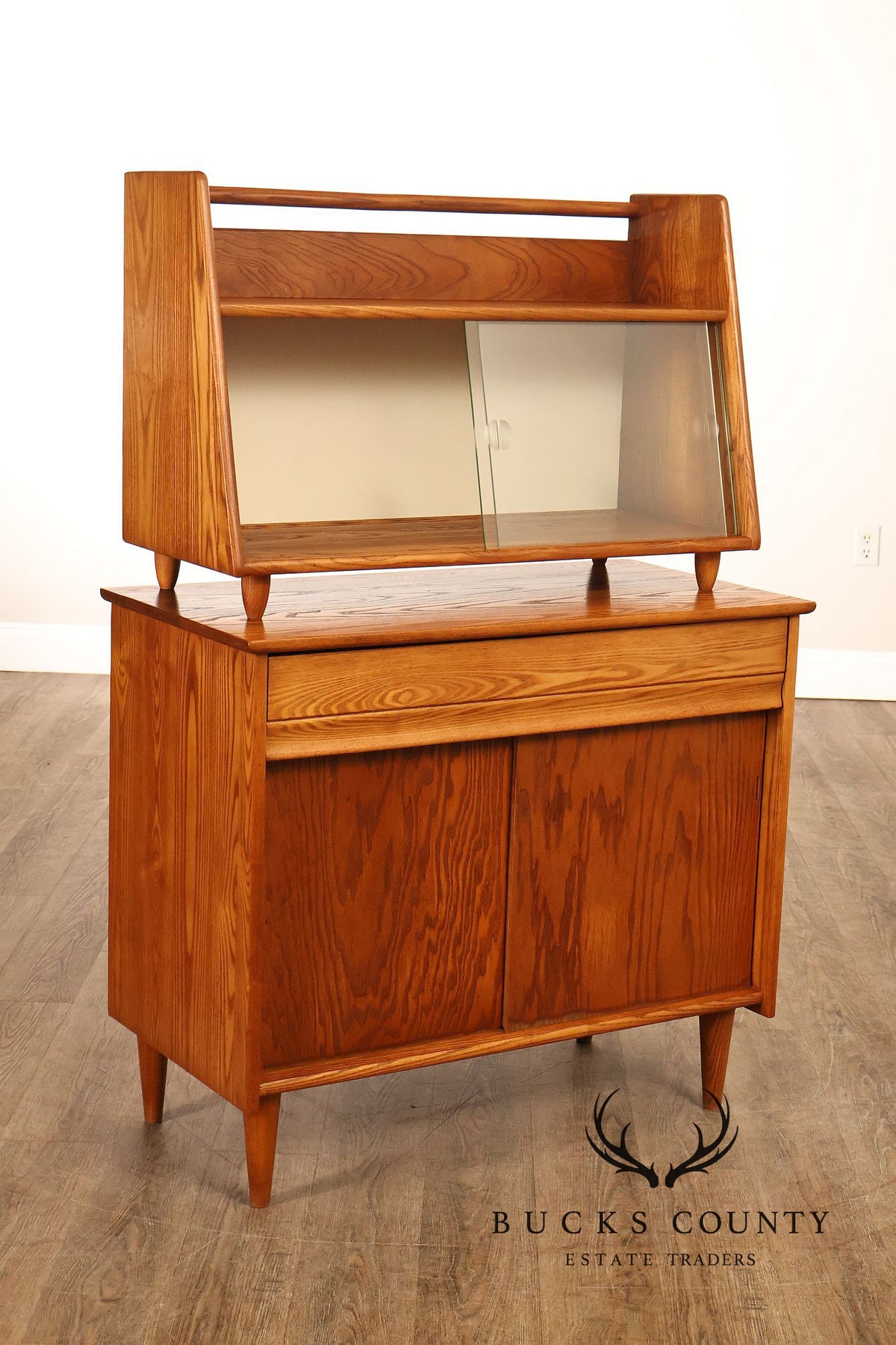 Mid Century Modern Two-Piece Oak and Glass China Cabinet
