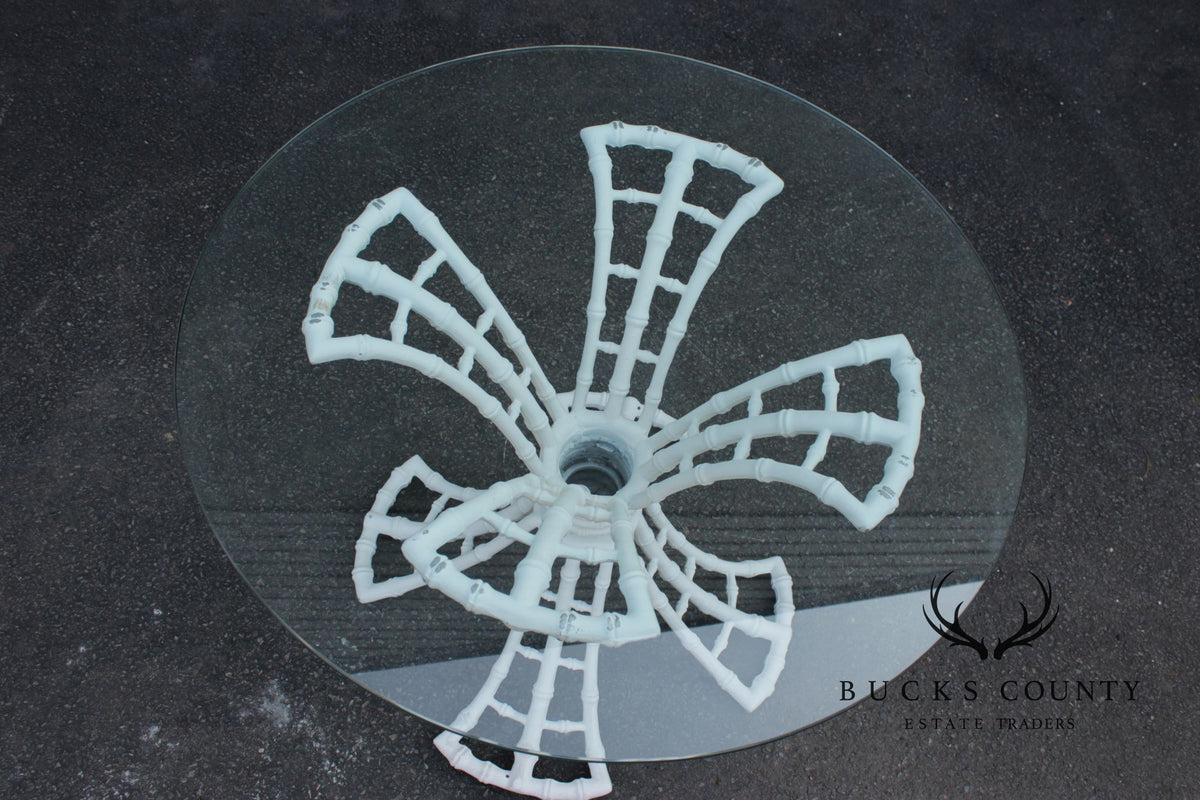Hollywood Regency Cast Aluminum Faux Bamboo Round Glass Top Patio Table