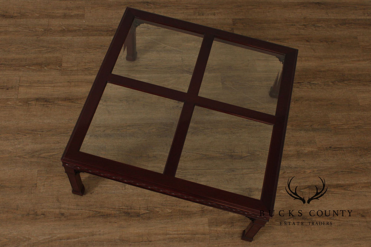 Kindel Chinese Chippendale Style Glass Top Mahogany Coffee Table