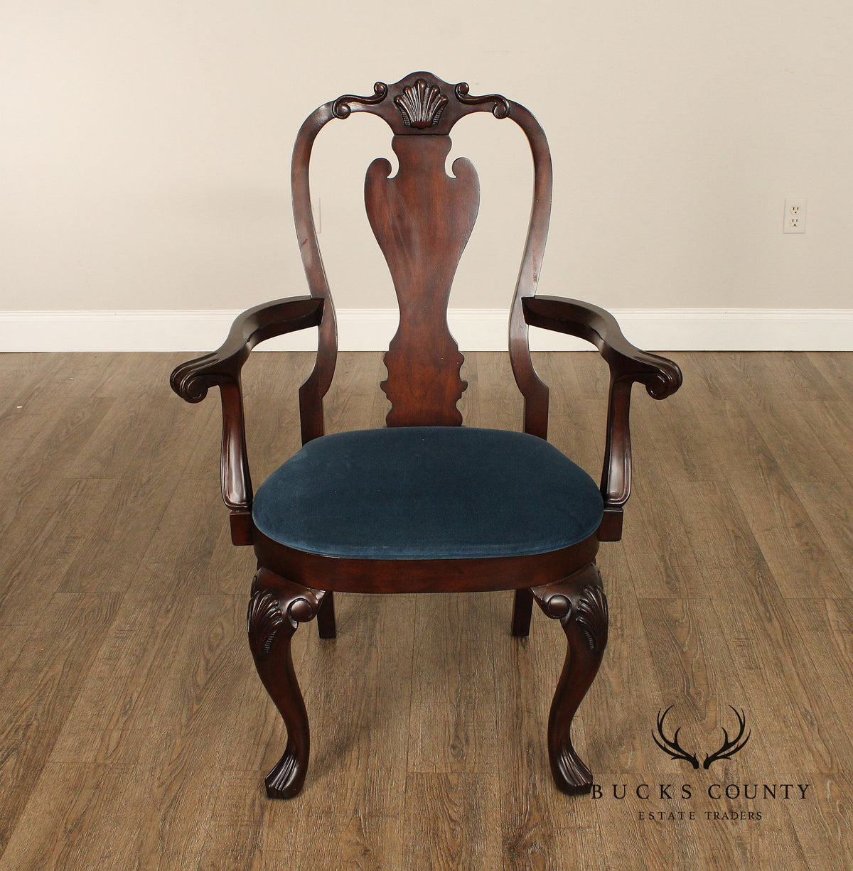 Ethan Allen Queen Anne Style Pair of Carved Mahogany Armchairs