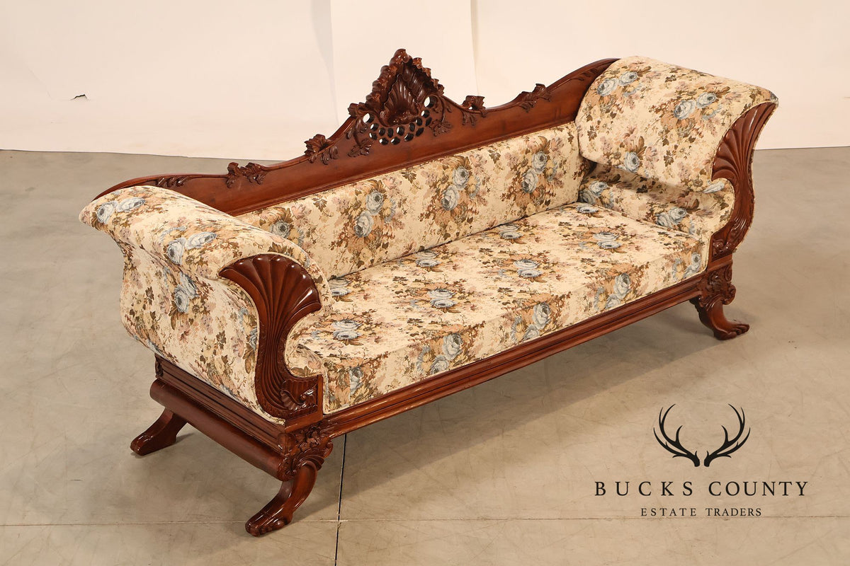 Victorian Style Carved Floral Upholstered Sofa