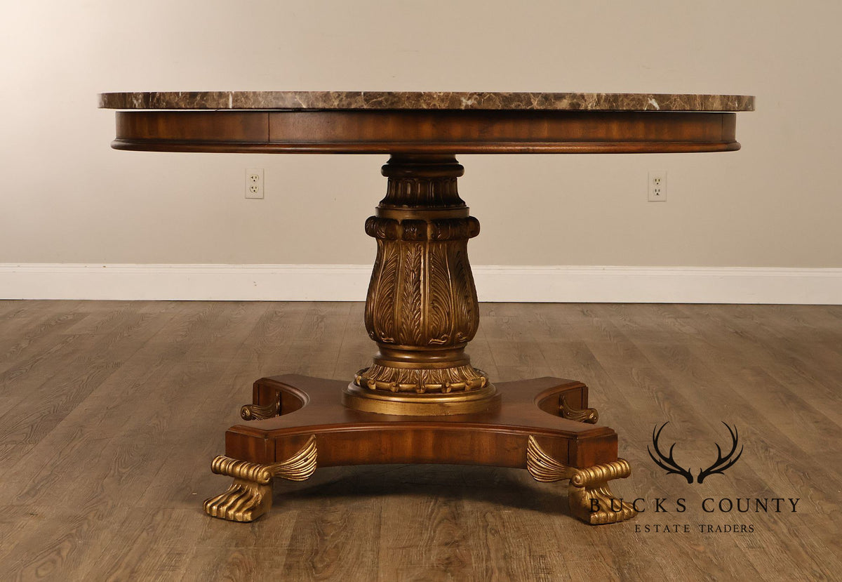 Drexel Neoclassical Revival Round Marble Top Pedestal Dining or Center Table With Claw Feet