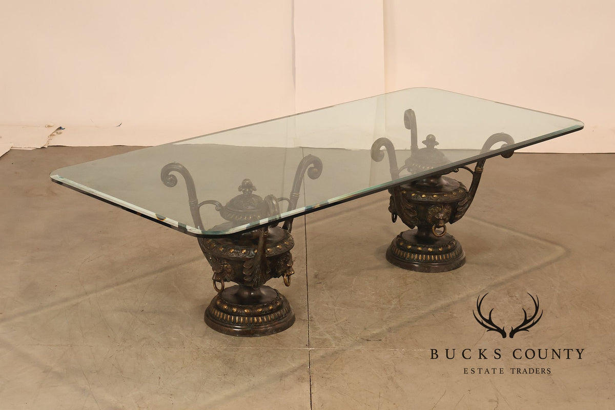Monumental Brass Urn Form Double Pedestal Glass Top Dining Table