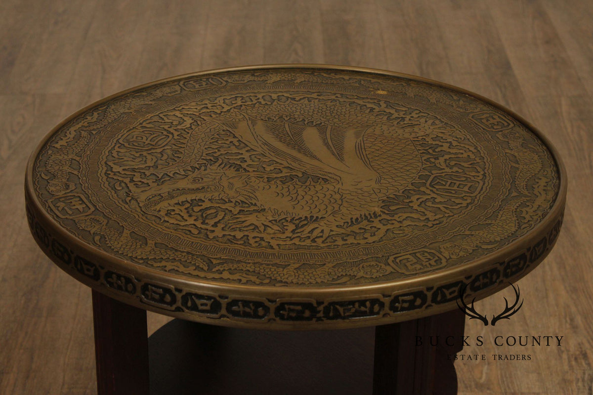 Chinese Style Bronze Top And Wood Base Accent Table With Dragon Motif