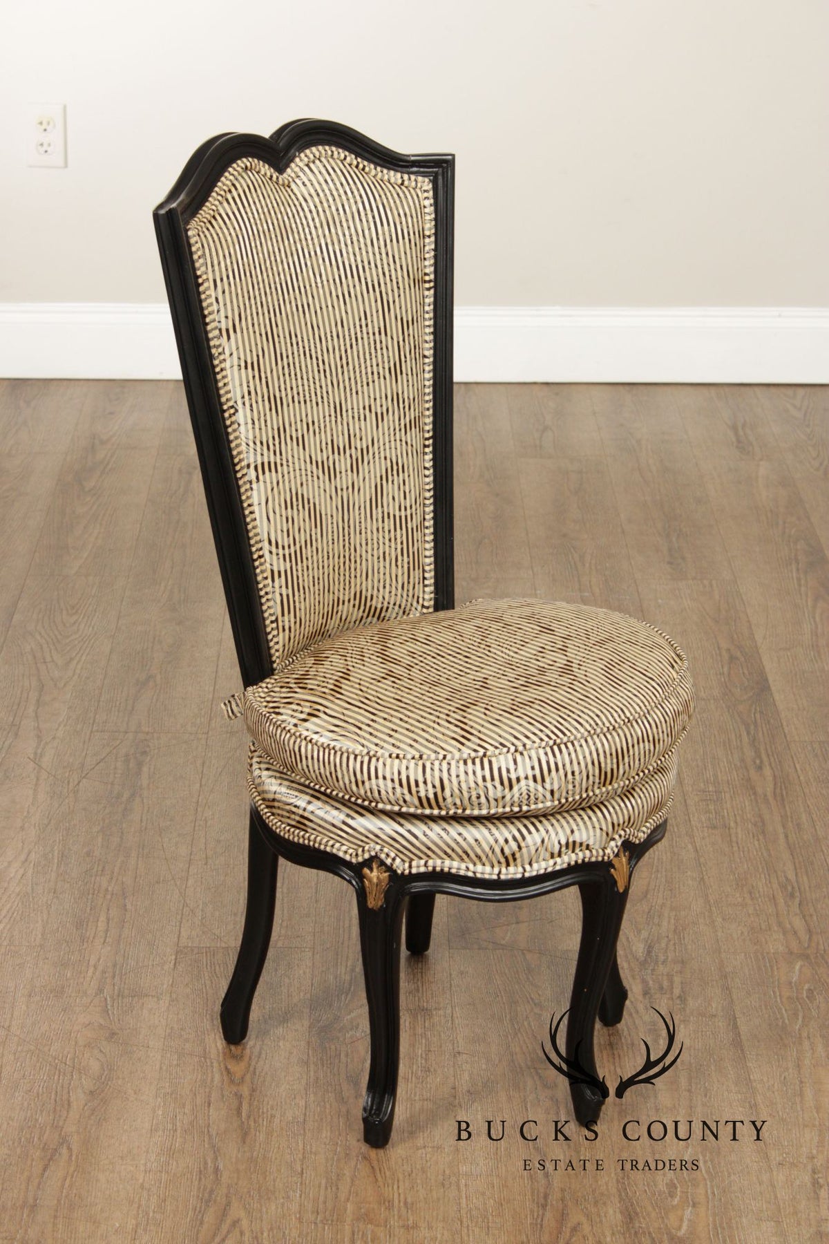 Italian Rococo Style Pair of Ebonized and Partial Gilt Side Chairs