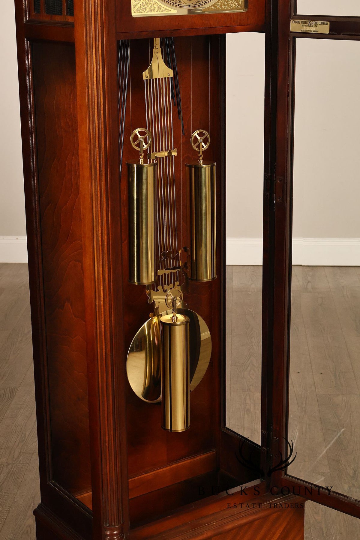 Howard Miller Mahogany Grandfather Clock With Brass Dial And Weights