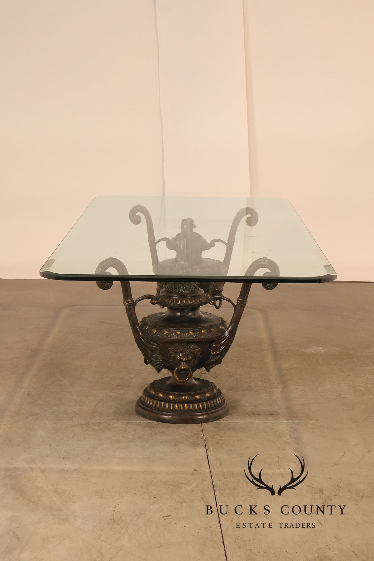 Monumental Brass Urn Form Double Pedestal Glass Top Dining Table
