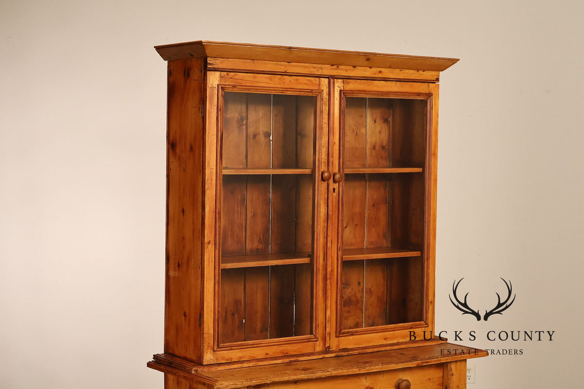 Antique Pitch Pine Four Door Stepback Cupboard With Glass Doors And Drawer