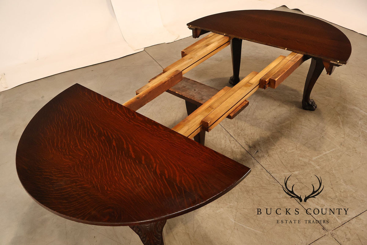 Antique Renaissance Revival Round Oak Expandable Dining Table