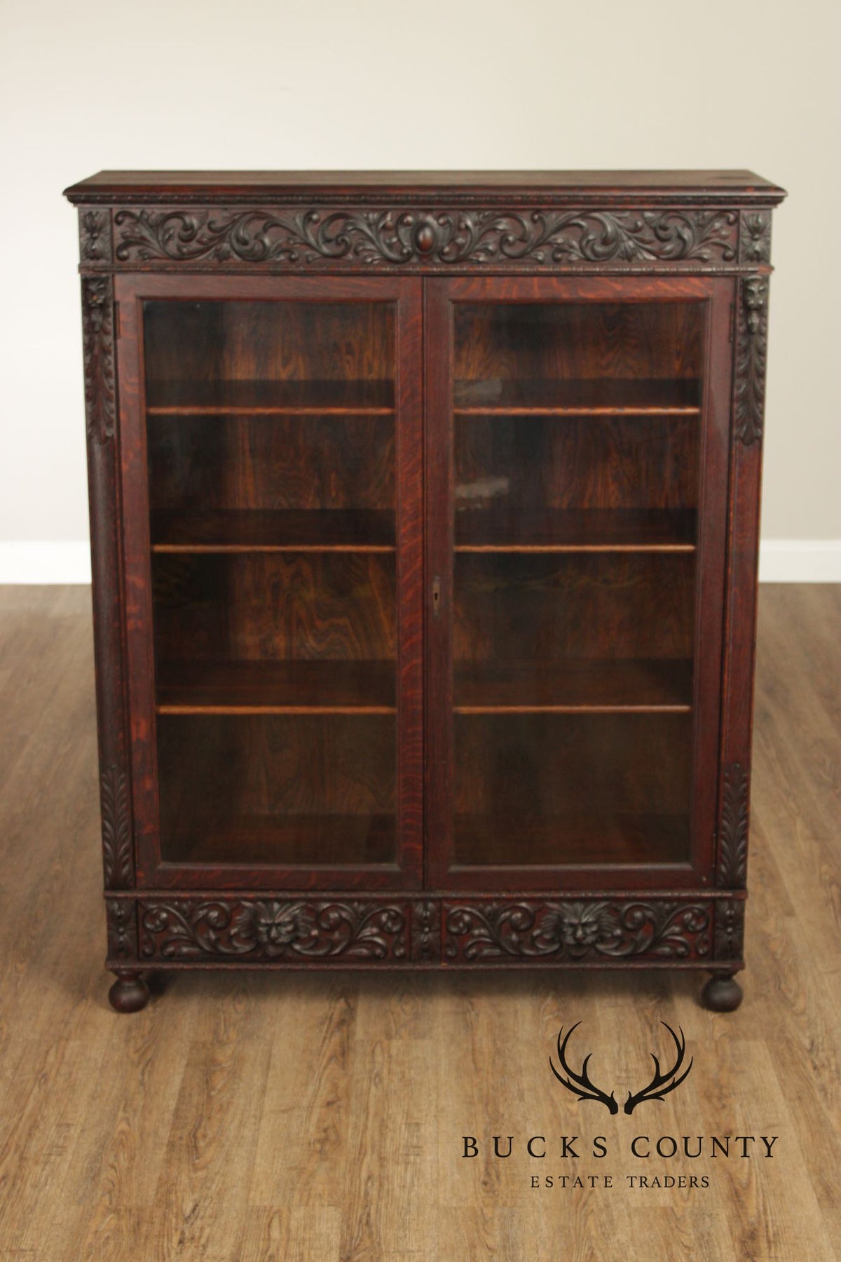 Antique Renaissance Revival Carved Oak Glass Door Bookcase