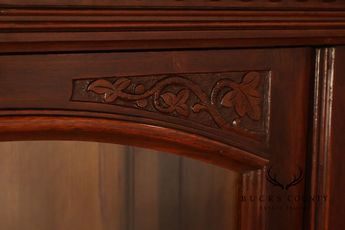 Antique Victorian Carved Walnut and Glass Bookcase