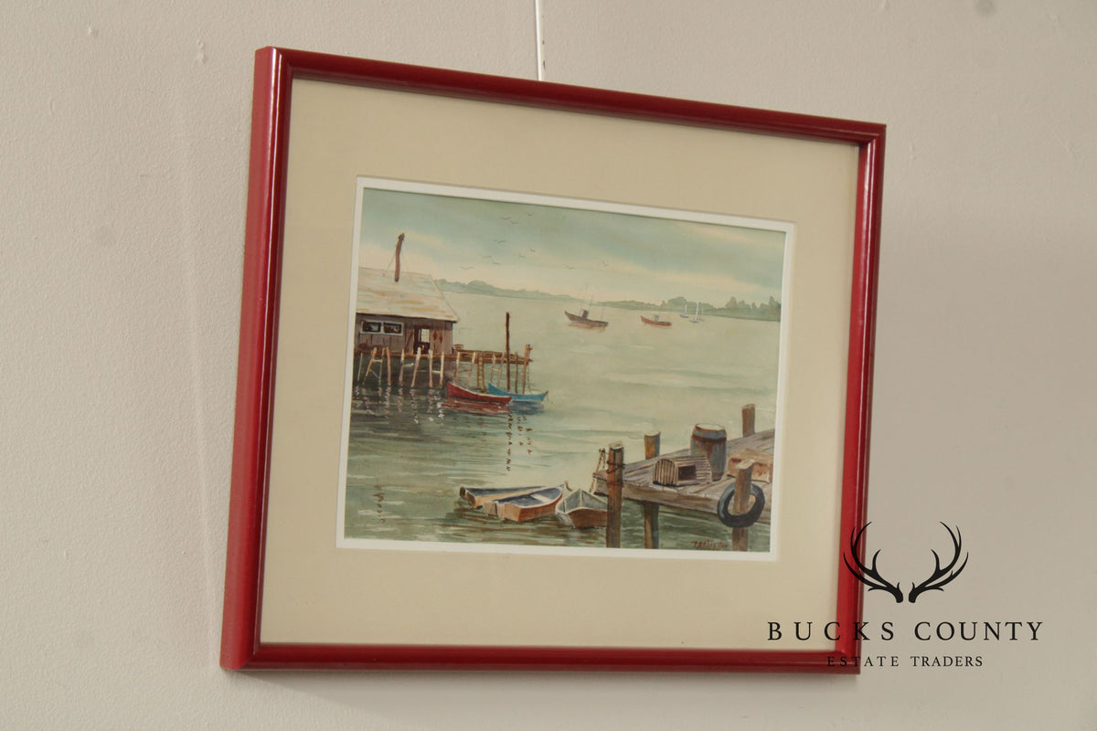 Bertha Ann Stupak Watercolor Painting, Boats in Harbor